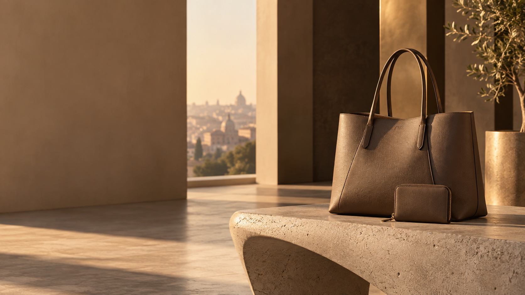 Leather tote bag and wallet in a warm architectural setting